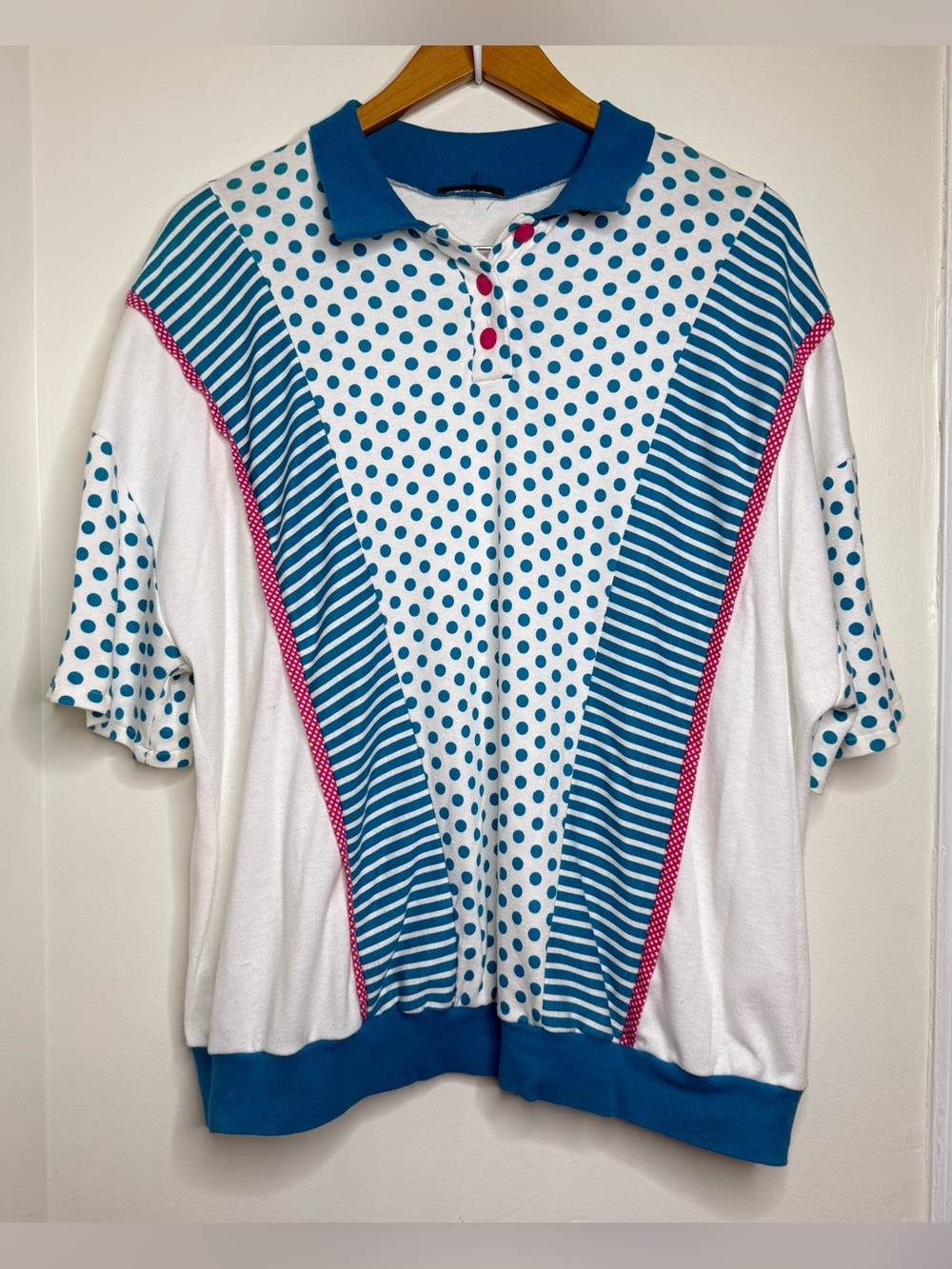 Vintage 80s 90s Mixed Prints Oversized Polo Top Collar Blue Pink White NO Size